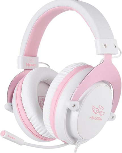 USOTSO MPOWER Stereo Gaming Headset for PS4, PC, Mobile, Noise Cancelling Over Ear Headphones with Retractable Flexible Mic & Soft Memory Earmuffs for Laptop Mac Games-Angel Edition