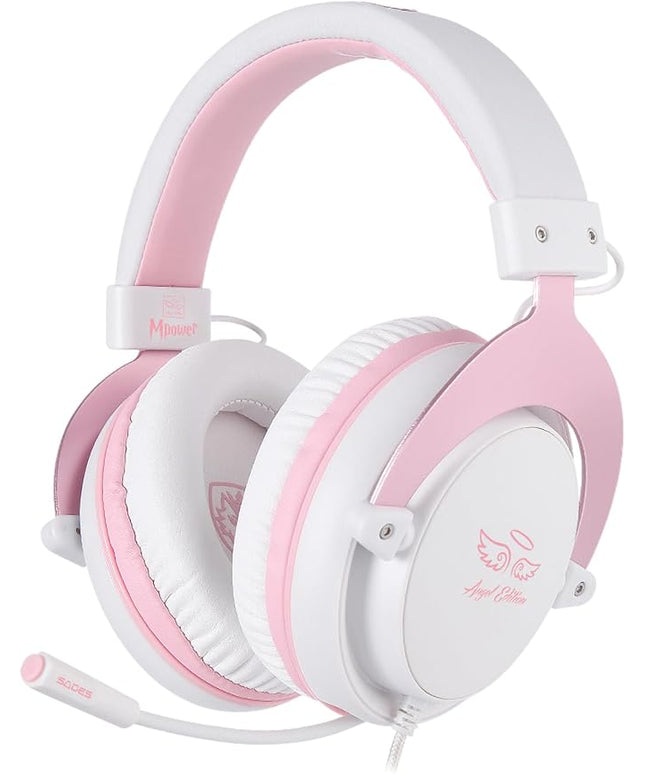 USOTSO MPOWER Stereo Gaming Headset for PS4, PC, Mobile, Noise Cancelling Over Ear Headphones with Retractable Flexible Mic & Soft Memory Earmuffs for Laptop Mac Games-Angel Edition