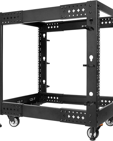 RIVECO 12U Server Rack Adjustable Depth Network 4 Post Cabinet Open Frame with Leveling Feet & Wheels Fully Rivets 1400 LBS