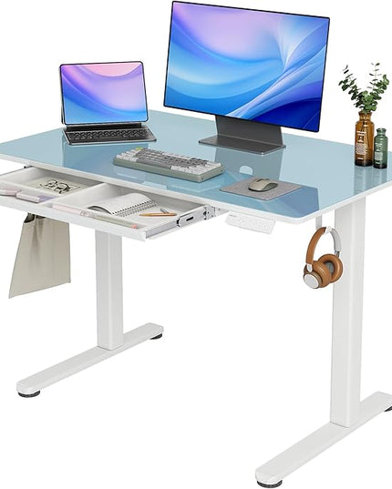 INNOVAR Glass Standing Desk with Drawers, Adjustable Height Electric Stand Up Desk, Small Standing Desks with Storage, 40 inch, Morandi Blue
