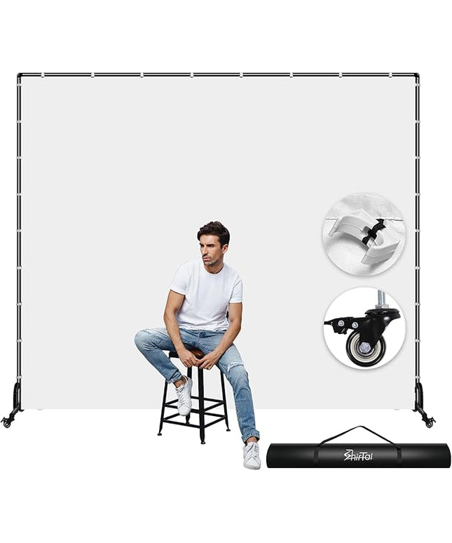7x6.5ft Movable Backdrop Stand With White Screen and Wheels - Photography Background Stand for Photoshoot, Studio Video Recording, Events, Streaming