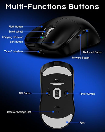 VGN F1 Pro Max Lightspeed Wireless Gaming Mouse with Dual-Mode 2.4G/Type-C Wired - 25K Sensor - 26,000 DPI - 55g Lightweight - 6 Programmable Buttons - Up to 200h Battery Life for PC/Mac- Black