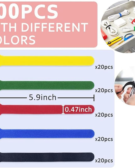 100pcs Cable Ties Reusable Rainbow Color Wire Ties Cable Management Cord Ties Reusable for Electronics Hook and Loop Cable Ties for Computer 6 Inch with 5 Colors