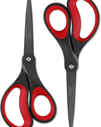 LIVINGO 2 Pack 8" Titanium Non-Stick Scissors, Professional Stainless Steel Comfort Grip, All-Purpose, Straight Office Craft Scissors for DIY(Red/Black)
