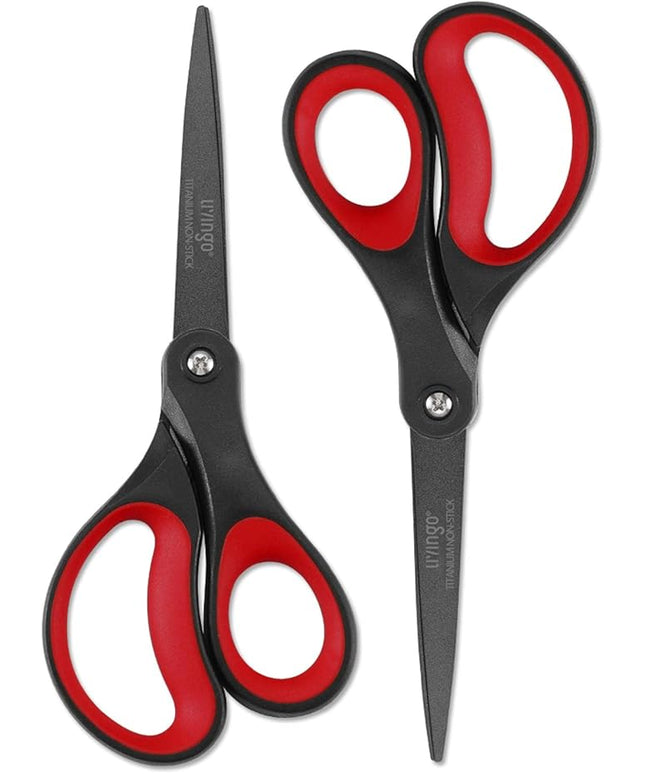 LIVINGO 2 Pack 8" Titanium Non-Stick Scissors, Professional Stainless Steel Comfort Grip, All-Purpose, Straight Office Craft Scissors for DIY(Red/Black)