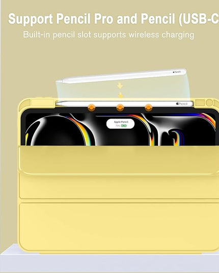 ZryXal iPad Pro 11 Inch Case (M5) 2025/ (M4) 2024 (Model: A2836/A2837/A3006), Trifold Stand Smart Cover with Pencil Holder and Soft TPU Back, Auto Wake/Sleep (Yellow)