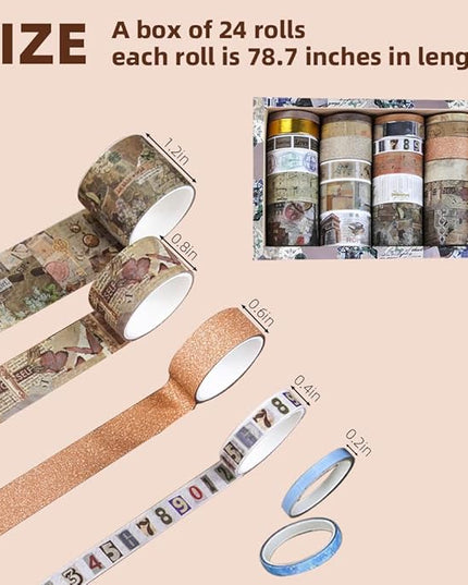 QUDUME 24 Rolls Vintage Writable Washi Tape Set, Retro Floral Butterfly Decorative Tape for Scrapbooking Junk Journal Bullet Journaling Supplies DIY Crafts