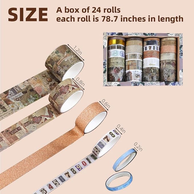 QUDUME 24 Rolls Vintage Writable Washi Tape Set, Retro Floral Butterfly Decorative Tape for Scrapbooking Junk Journal Bullet Journaling Supplies DIY Crafts