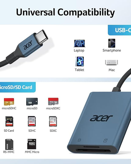 Acer SD Card Reader USB C, Dual Slots Type C to Memory Card Reader, Aluminum Micro SD Card Camera Adapter for MicroSD, SDHC, SDXC, Compatible with iPhone16/15, MacBook, Android, Laptop-Midnight