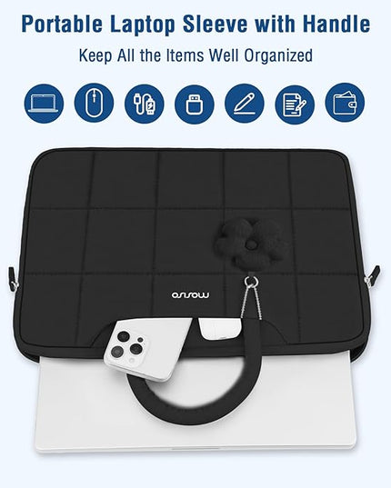 MOSISO Laptop Case 13.3 inch, 13-14 inch Puffy Laptop Sleeve Compatible with MacBook Air 13 13.6/Pro 13/Pro 14,HP Acer Dell ASUS Lenovo, Rectangle Quilted Computer Bag with Handle&Flower Pendant,Black