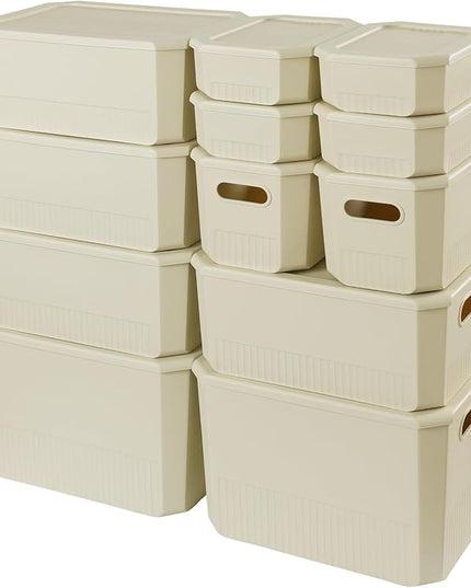 ANMINY 12PCS Plastic Storage Bins Containers with Lids, Large Storage Organization Bins Boxes, Lidded Plastic Storage Baskets for Closet Shelves Drawers Desktop Home Office, Ivory