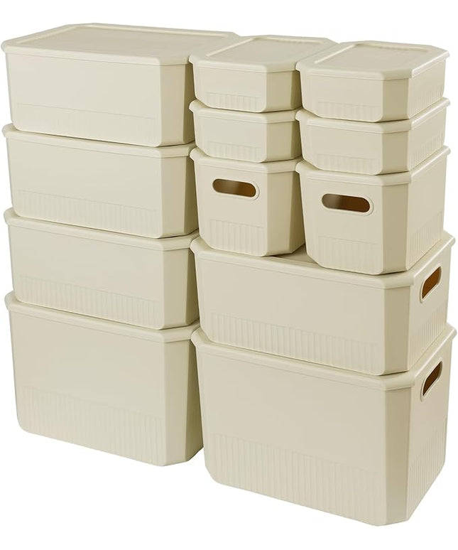 ANMINY 12PCS Plastic Storage Bins Containers with Lids, Large Storage Organization Bins Boxes, Lidded Plastic Storage Baskets for Closet Shelves Drawers Desktop Home Office, Ivory