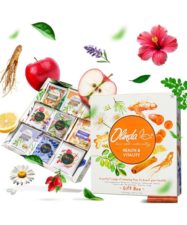 Olinda Health & Vitality Tea Gift Box Tea Samplers Tea Bags Low Caffeine Detox Energy Tea Natural Herbal Gift Set Premium 9 Variety Pack Individually Wrapped 45 Tea Bags 1 Tea Box Tea Gifts for Women