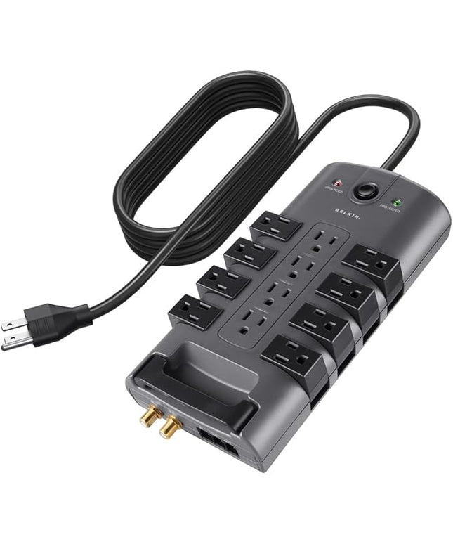 Belkin Surge Protector Power Strip w/ 8 Rotating & 4 Standard Outlets - 8ft Sturdy Extension Cord w/ Flat Pivot Plug for Home, Office, Travel, Desktop & Charging Brick - 4320 Joules of Protection