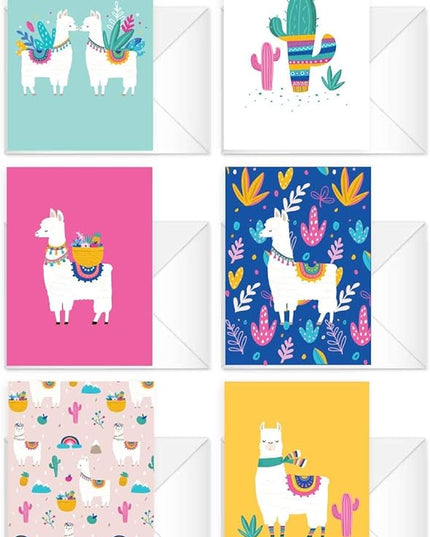 Llama Note Cards / 24 Adorable Animal All Occasion Greeting Cards With White Envelopes / 3 1/2" x 4 7/8" Desert Birthday Party Cards / Alpaca Thank You Note Card Set / 6 Cinco De Mayo Fiesta Designs