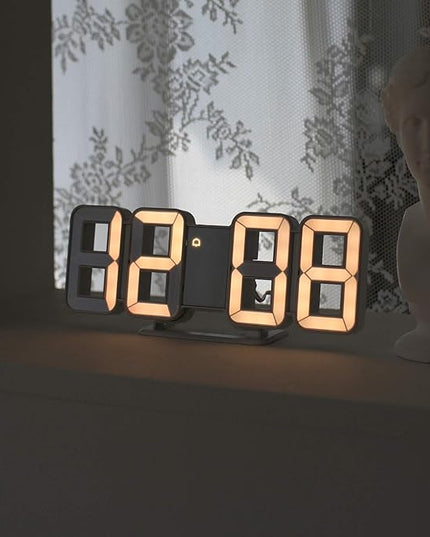 mooas 3D Pure mini White Gold LED Clock, Multi-Function LED Clock (Calendar, Alarm, Temperature) (8.5" White Gold Table Alarm Clock)