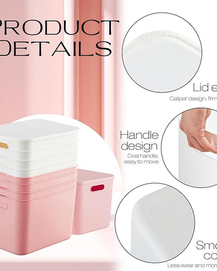 Hoolerry 8 Pieces Colorful Storage Bins with Lid, Plastic Storage Basket Organizing Container Stackable Box with Handle for Shelves Desktop Playroom Office(14.2 x 10.2 x 9.5 Inch,White and Pink)