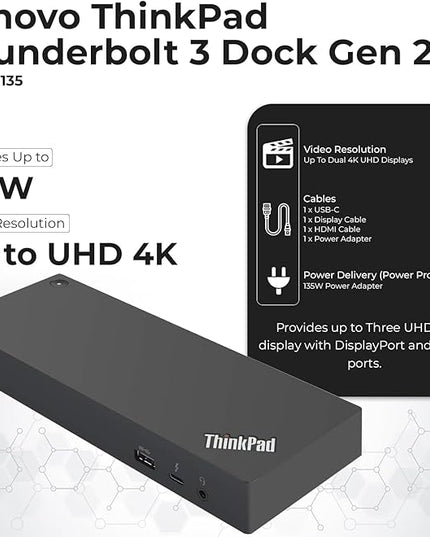 Lenovo 40AN0135US Thunderbolt 3 Dock - Gen 2 Dual UHD 4K Display with 135W Power Adapter, Thinkpad Lenovo Docking Station Dual Monitor with HDMI, DisplayPort, Thunderbolt Cable, Cloth