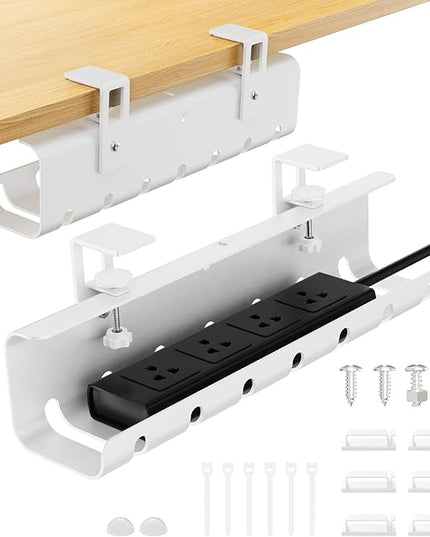 Under Desk Cable Management Tray No-Drill 2 Pack 16.9‘’ Wire Cord Organizers, Cable Management Under Desk for Home and Office No Damage White