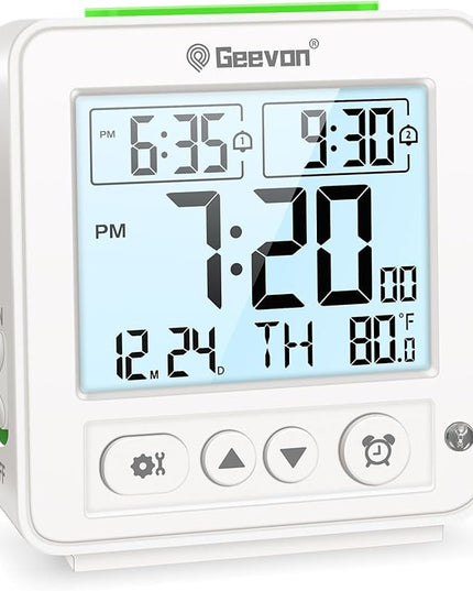 Geevon Smart Night Light Small Digital Alarm Clock with 2 Increasing Beep Alarm, Indoor Temperature, Battery Operated Travel Clock for Bedroom, Bedside, Desk(White)