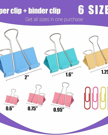 Binder Clips & Paper Clips Combo, 208 PCS Binder Clips (6 Sizes) + 150 PCS Paper Clips – Multicolor for Office, Home & School Supplie (Polychrome)