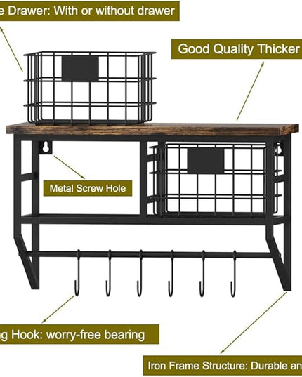 Helsin Industrial Wall Mounted Metal Wood Floating Shelves with Baskets Hooks Hanging Display Shelf Sundries Holder for Coffee Bar Kitchen Bathroom Organization and Home Decor, Black (16inch, 1 Set)