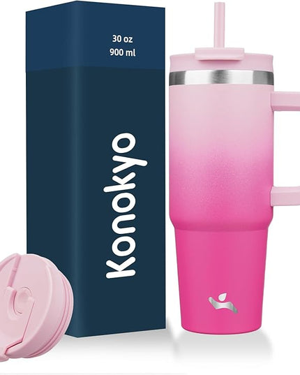 30 oz Tumbler with Handle and 2 Straws,2 in 1 Lid Insulated Water Bottle Stainless Steel Travel Coffee Mug,Cherry Blossoms