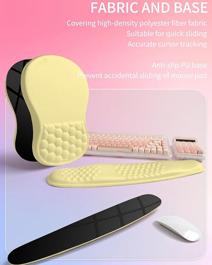 Hokafenle 2in1 Combination, Wave Keyboard Wrist Rest and Ergonomic Curvature Mouse Pad Wrist Support for Relieve Wrist Pain, Filled with Soft Cushion Memory Foam, Butter Yellow