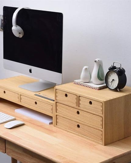 Kirigen Natural Wood Desktop Organizers with Drawers - Home Workspace Office Supplies Wooden Storage Box Shelf Case - Hold Makeup Box (NA, 3-Layer &4 Drawers)