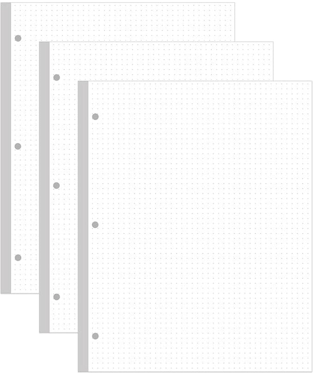 (3-Pack) 3-Hole Dotted Paper Refills, Letter Size Dot Grid Loose-Leaf Paper, 300Sheets/600Pages, 100gsm White Paper, 8.5'' x 11''