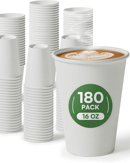 16 oz Coffee Cups Disposable White Paper Cups,180 Pack BPA Free Unbleached Disposable Cups, 300GSM Thickened Hot Cups, Leak Proof Drink Water Cups for Everyday Use Office Party Cafe Supply Essentials