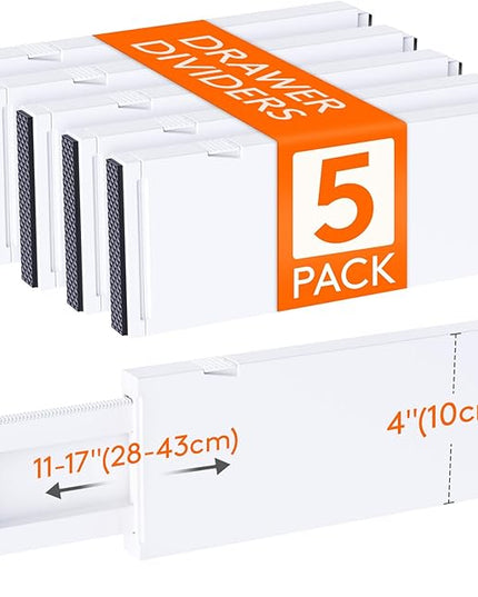 Lifewit 5 Pack Drawer Dividers 4" High, 11-17" Adjustable Dresser Drawer Organizers for Clothes, Expandable Drawer Separators in Kitchen/Bedroom/Bathroom/Vanity/Office Organization and Storage, White
