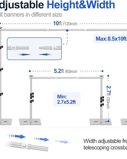 EMART Backdrop Stand, 8.5x10ft Width Adjustable Photography Background Support Poles with Heavy Duty Flat Base, Photo Metal Steel Pipe and Drape Frame Kit for Parties Birthday Wedding - Silver