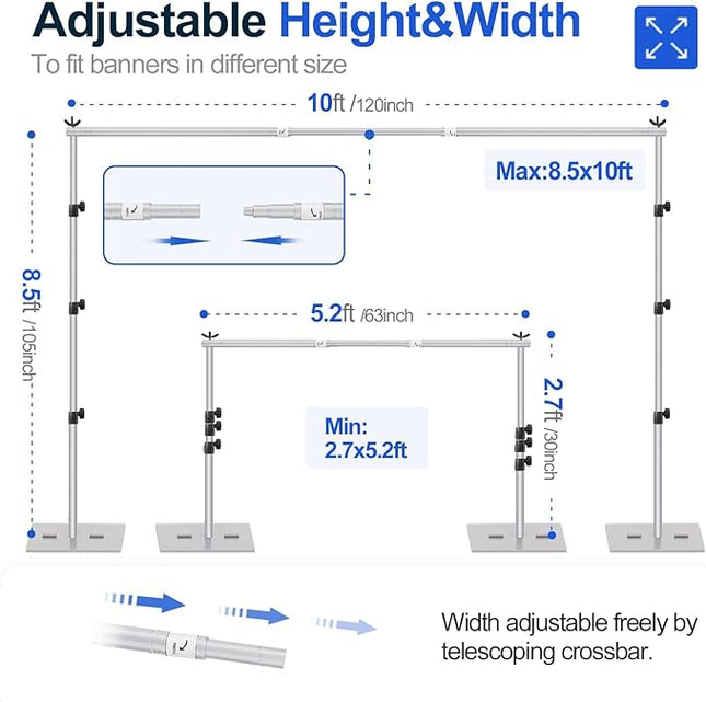EMART Backdrop Stand, 8.5x10ft Width Adjustable Photography Background Support Poles with Heavy Duty Flat Base, Photo Metal Steel Pipe and Drape Frame Kit for Parties Birthday Wedding - Silver