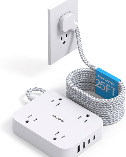 25 Ft Extension Cord, HANYCONY Ultra Thin Flat Plug Power Strip with 4 Outlets 4 USB Ports (2 USB C), Wall Mount, Desk Charging Station for Office, Travel and Dorm Room Essentials, ETL Listed