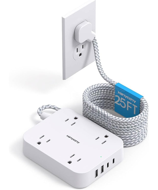 25 Ft Extension Cord, HANYCONY Ultra Thin Flat Plug Power Strip with 4 Outlets 4 USB Ports (2 USB C), Wall Mount, Desk Charging Station for Office, Travel and Dorm Room Essentials, ETL Listed
