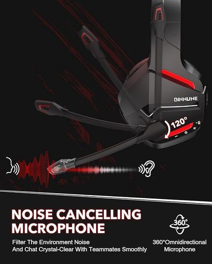 BINNUNE 2.4GHz Wireless Gaming Headset for PS5 PC PS4 Switch, 120H Ultra-Long Battery, Bluetooth 5.3 Over Ear Headphones with Noise Canceling Mic, 50mm Drivers, Comfort Wireless Headphones, Black