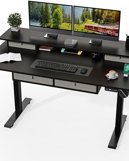 Kingant Standing Desk with Drawers & USB Charging Port, 63" x 30" Height Adjustable Home Office & Gaming Desk, Sit Stand Desk with Built-in Storage Shelf, Hook & Ergonomic Design(Classic Black)