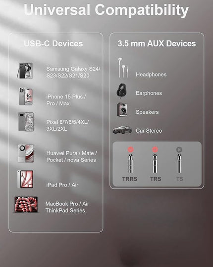 USB-C to 3.5mm Audio Headphone Adapter - HiFi and Charger 2-in-1 Compatible with Apple iPhone 15 Samsung Galaxy S24 S23 S22 S21 S20 Plus Pro Max Ultra Pixel iPad - Type C to Jack Dongle Adapter