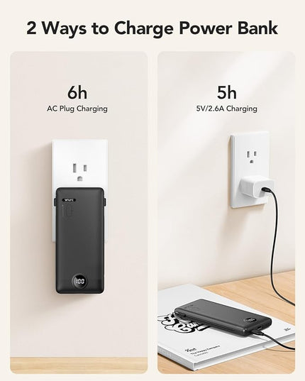 Portable Charger,Power Bank Built-in Cables and AC Wall Plug,VRURC USB C Portable Bank 10000mAh,Travel Essentials Phone Charger Compact Lightweight External Battery Pack for Smart Phones,Tablets-Black