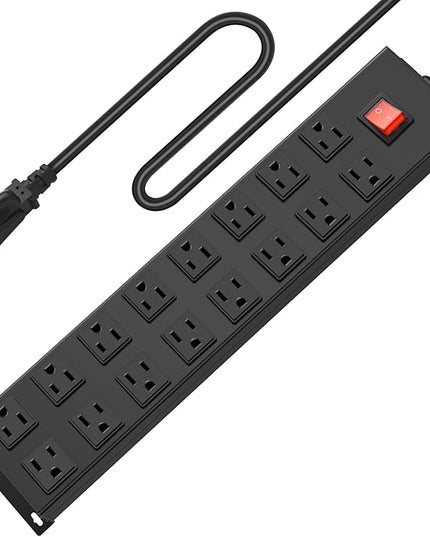 HHSOET Metal 16 Outlet Mountable Power Strip, Wall Mount Garage Workbench Socket, Gaming Table Surge Protector with 15 FT Power Cord.(Black)