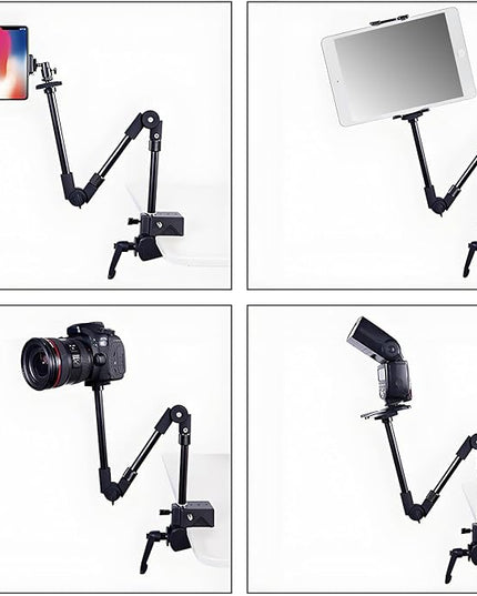 24.8in 3-Section Adjustable Friction Power Articulating Magic Arm, Overhead Camera Mount Bracket with 1/4" Screw, 3/8" Thread Hole and 5/8” Stud for Camera, LCD Monitor/LED Lights