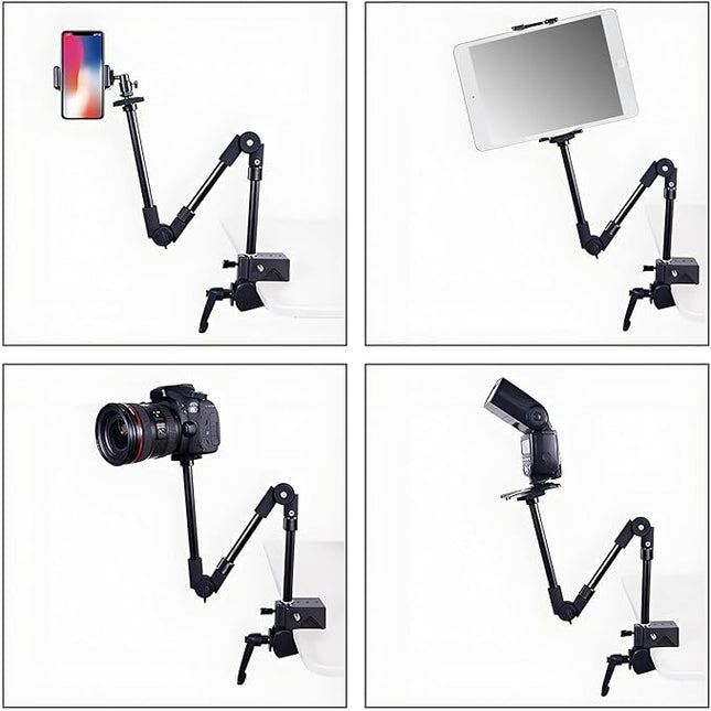 24.8in 3-Section Adjustable Friction Power Articulating Magic Arm, Overhead Camera Mount Bracket with 1/4" Screw, 3/8" Thread Hole and 5/8” Stud for Camera, LCD Monitor/LED Lights