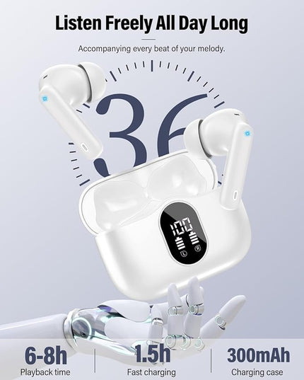Wireless Earbuds, Bluetooth 5.4 Headphones Bass Stereo, Ear Buds with Noise Cancelling Mic, LED Display in Ear Earphones Clear Calls, IP7 Waterproof Bluetooth Earbuds for Laptop/Phones/Sports, White