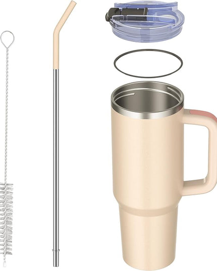 40 oz tumbler with handle and straw,Double Wall Vacuum Reusable Stainless Steel Insulated Water Bottle,With Leak Proof lid and Straw for Iced or Cold Beverages (Rose Quartz)