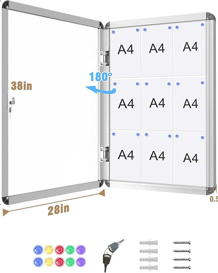 Mifuro 38"x28" Enclosed Bulletin Board, Lockable Weather-Resistant Aluminum Noticeboard for School & Office, Silver Frame w/Magentic Whiteboard