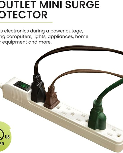 Go Green Power 6-Outlet Mini Surge Protector, 90 Joules, Circuit Breaker, Mountable, White – Ideal for Computers & Home Appliances