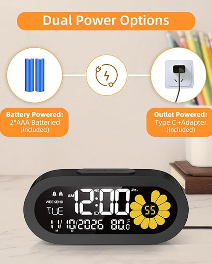 DOOMAY Digital Alarm Clock for Bedroom: Dual Alarm Bedside Clock VA LCD Display with Seconds, 9-Minute Snooze and Weekend Mode, 3 Brightness, 4 Alarms and 3 Volume Levels，Type C & Battery Included