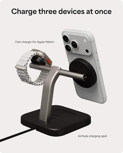 Mophie 3-in-1 Wireless Charging Stand - Qi2-Certified, MagSafe Charger for iPhone, Apple Watch & AirPods – Fast Charging Station with Adjustable Phone Stand & Cable Management – Up to 15W Power, Black