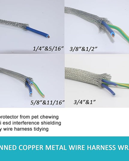 Tinned Copper Braided Cable Shielding Sleeve Metal Wire Loom Sheathing EMI RFI ESD Protector Grounding Mesh Flat Tubular Expandable 1/2" W(0.32" ID)-16FT